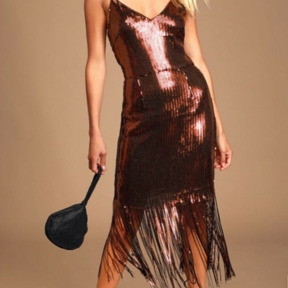 Lulu's Dresses & Skirts - NWT lulus bronze anjou fringe sequin dress